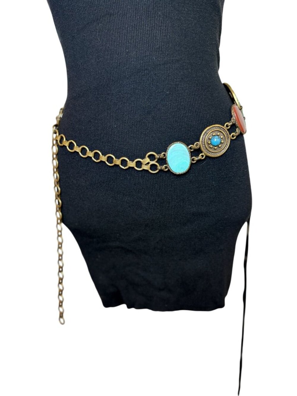Concha Belt Gold tone orange stones turquoise cabochons - 41" Long - Picture 3 of 3